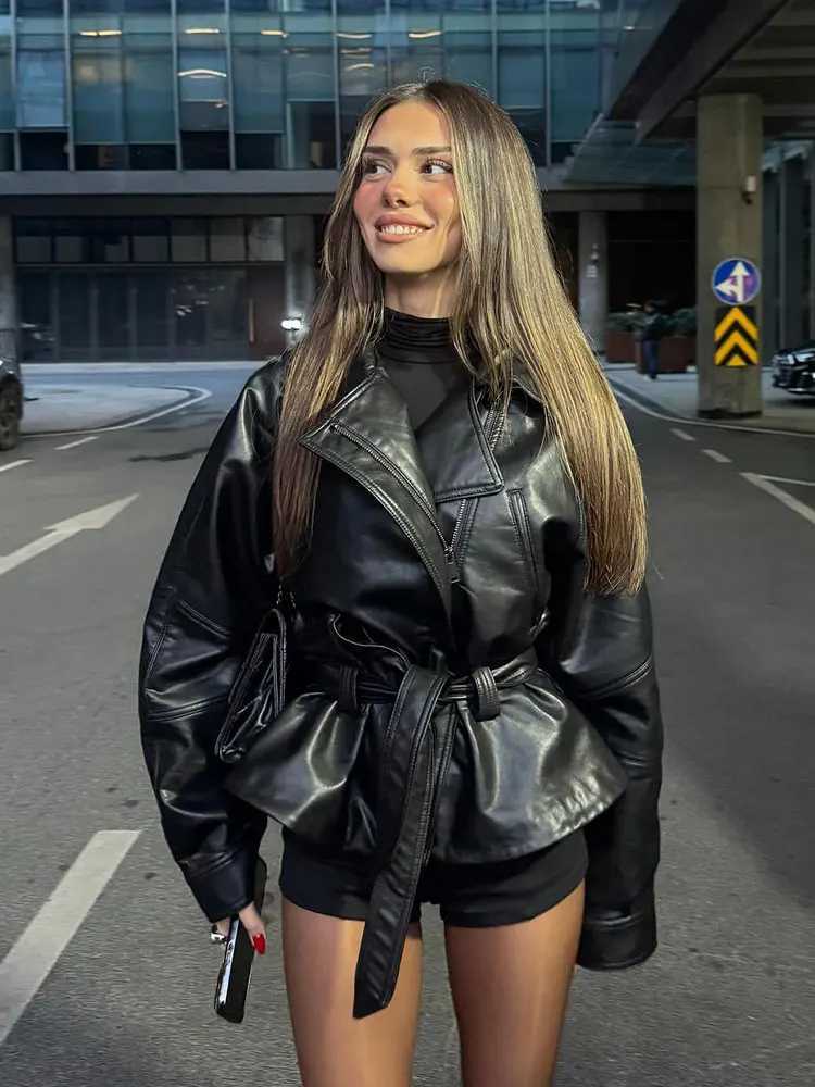 HH Women Vintage Motorcycle Jacket With Belt Faux Leather Trench Coat Long Sleeve Lapel Zipper Jacket Autumn High Street Outwear J251124