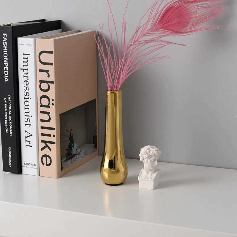 Nordic Home Office Desktop Decoration Light Luxury Plated Gold Vase Dried Flower Vase Ceramic Flower Vase Modern Mini Vase vazen C251124