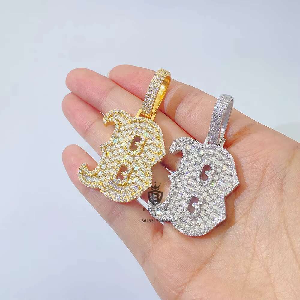 Fine Jewelry Fashion Iced Out baguette Big Letter B Hip Hop Moissanite Diamond Initial Pendant