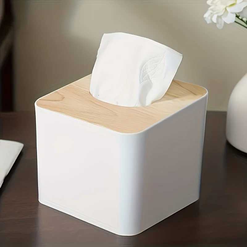 1pc/2pcs-Nordic Style Plastic Tissue Box with Wooden Cover - Paper Box for Restaurants and Rooms - Tissue StorageM251124