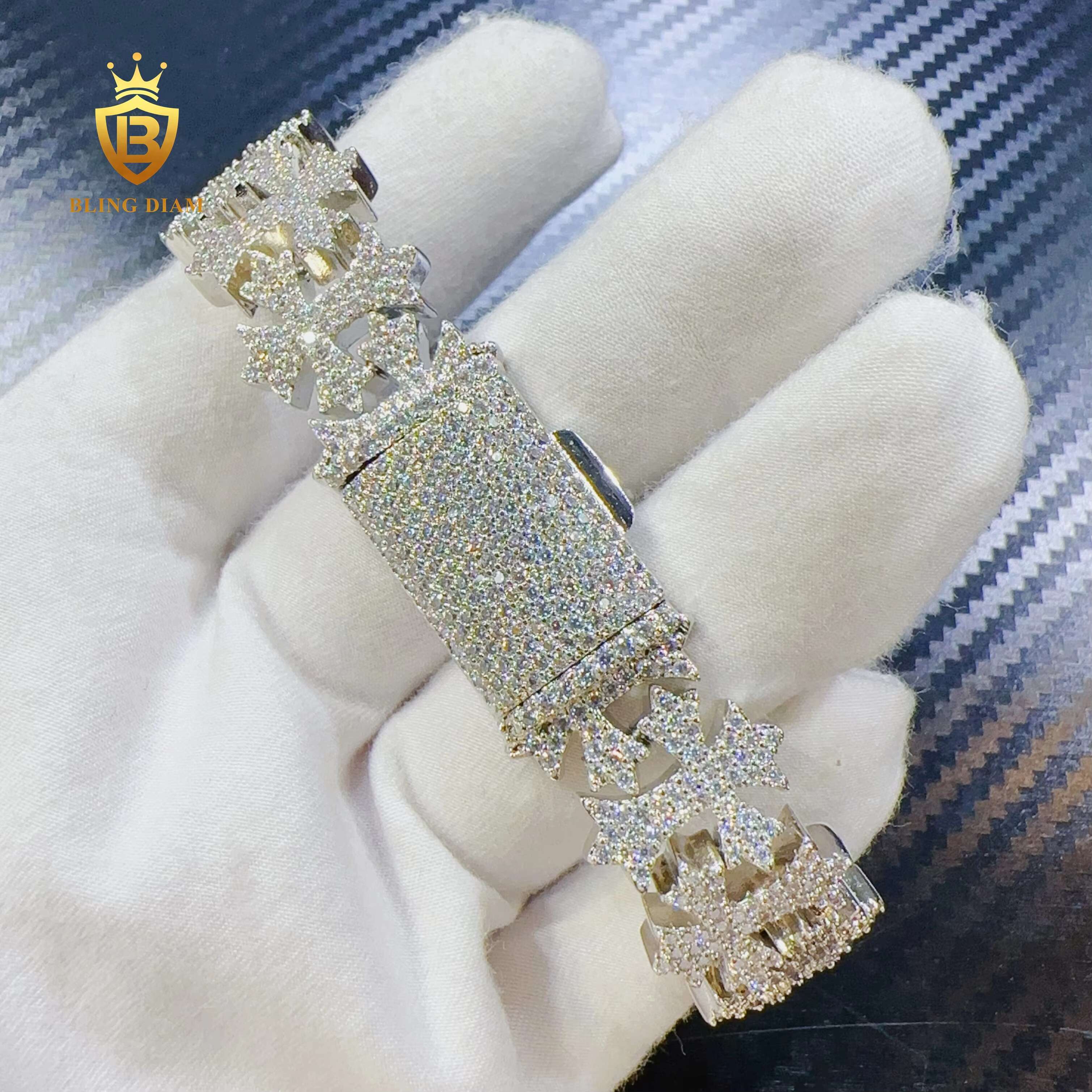 Blingdiam Jewelry Custom Hip Hop 16mm VVS Moissanite Bangle Fashion Cross Design Bracelet for Men Women