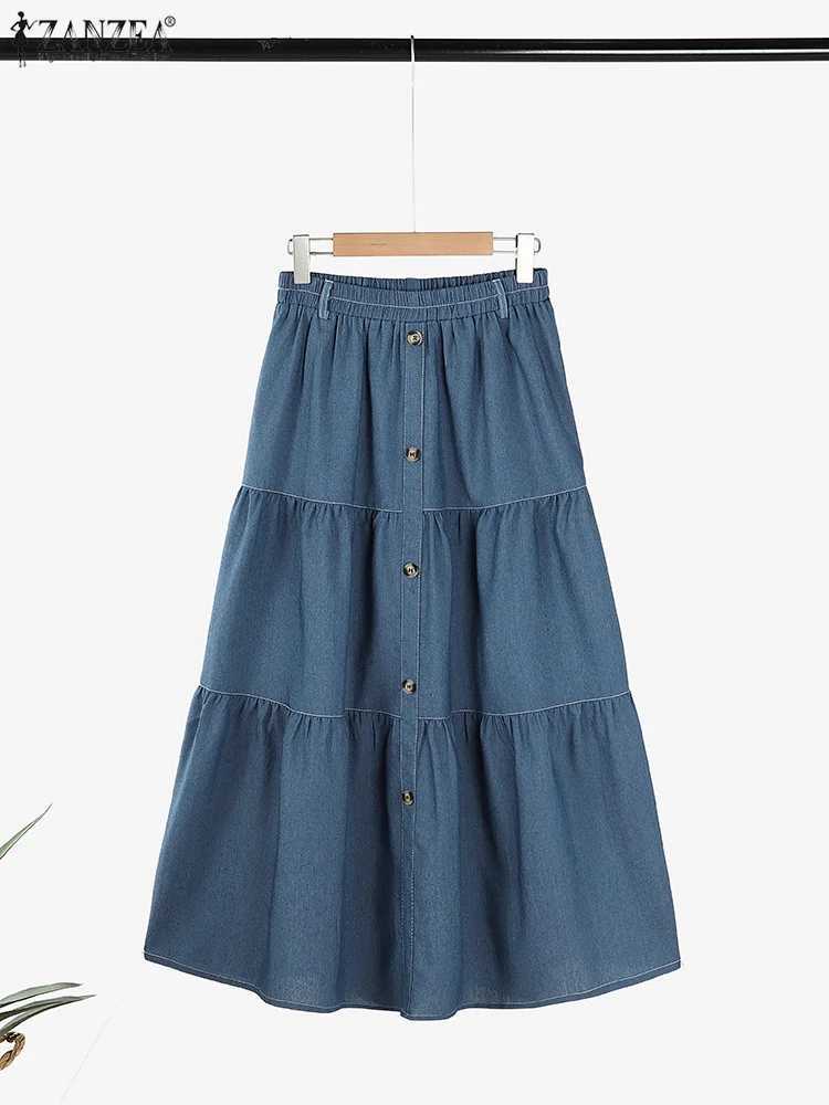 Autumn Elastic Waist Solid Skirts ZANZEA Fashion Women Denim Blue Skirt Elegant A-line Work Overskirts Leisure Loose Holiday Jupe M250424