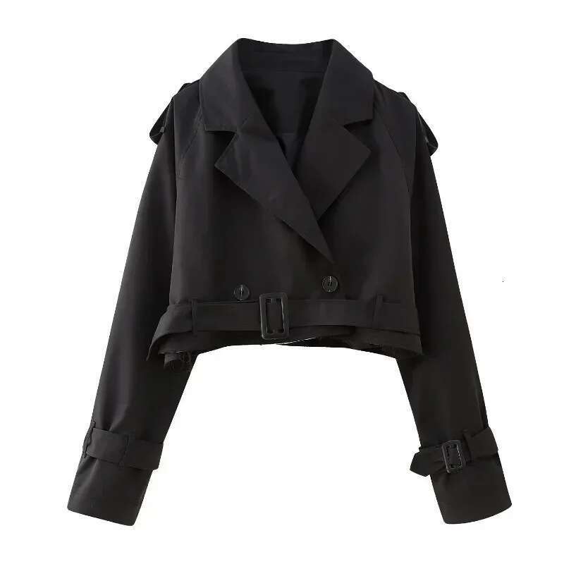 Designer Clothes Belt Cropped Trench Spring Jacket Women Vintage Streetwear Double Breasted Long Sleeve Top Female Coat Outfits