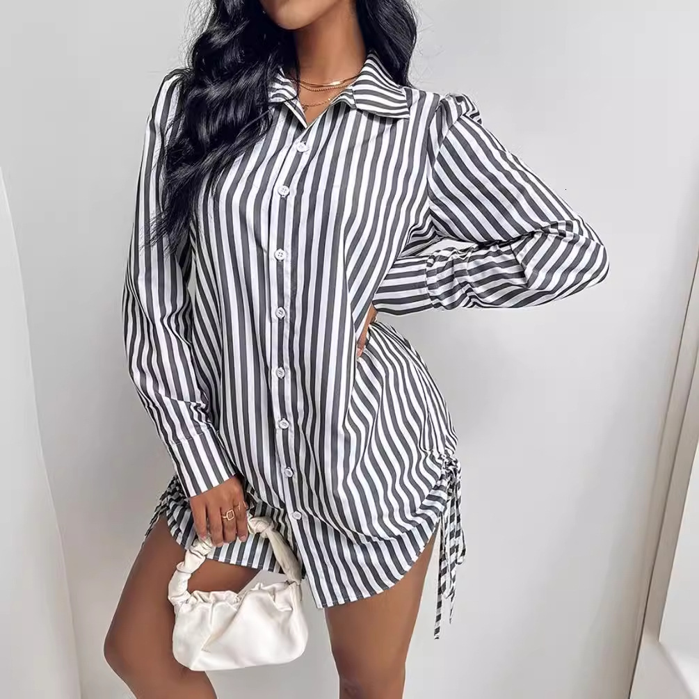 2024 Autumn Fashion Sexy Two Sided Drawstring Shirt Dress for Women