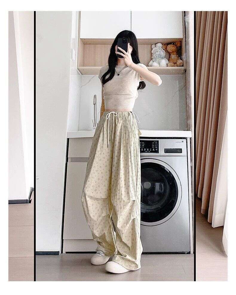 Floral work for women in spring and autumn thin style 2025 new high waisted loose casual wide leg American white sports pants