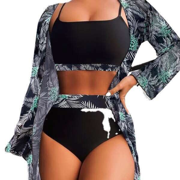 Triangl Bikini 2025 New Ethnic Maple Leaf Conservative Printed Long Sleeve Splicing Style Three Piece Swimming Set New Product New Arrival