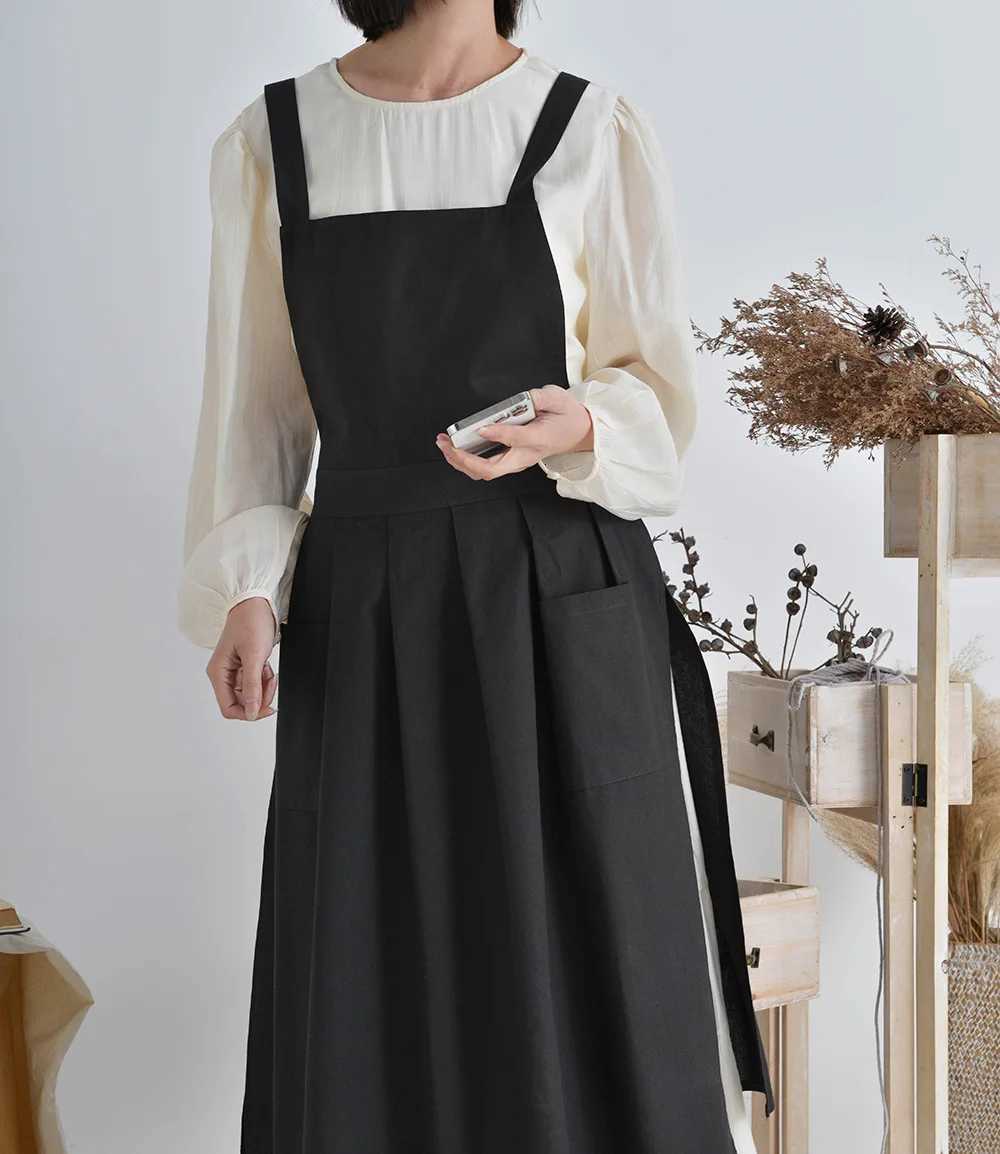 Cotton Linen Women Chef Apron Waterproof Korean-style solid color adjustable long Apron kitchen for Cooking Baking Gardening C251124