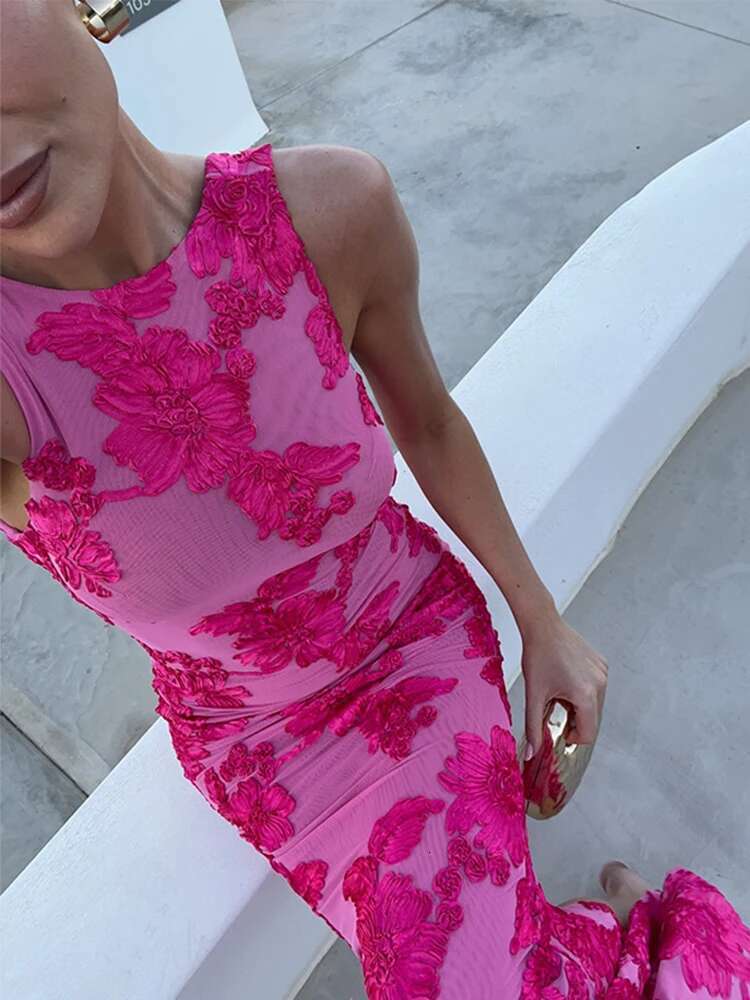 3D Flower Rose Dress Women Elegant Chic Slim Sleeveless Robe Female 2024 Summer New Backless Fashion Party Dresses Lady