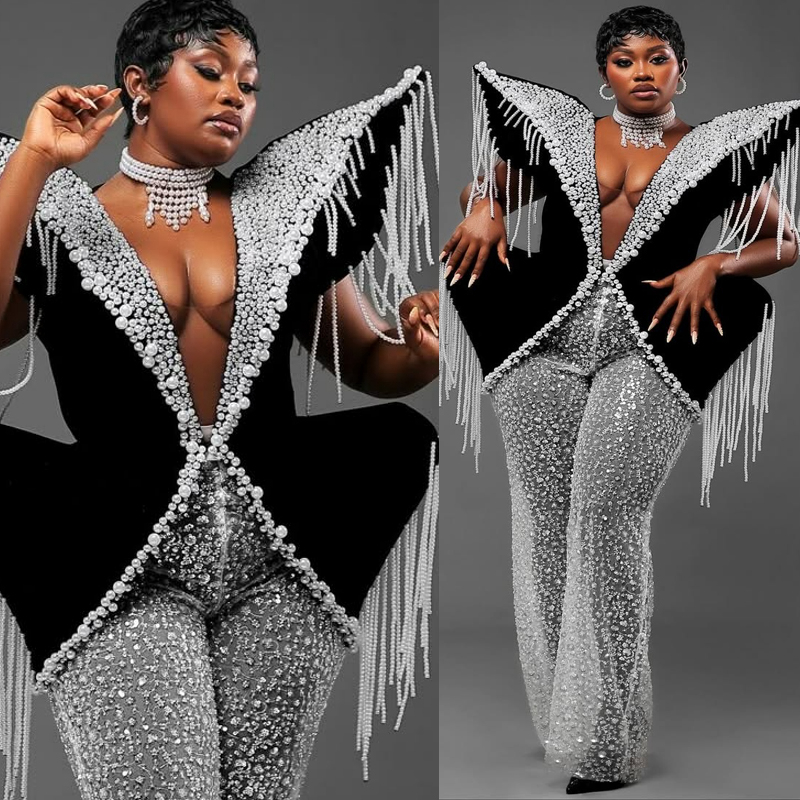 African Aso Ebi Plus Size Prom Dresses Black Jumpsuits V Neck Sexy Pearls Sequined Lace Evening Formal Gowns for Nigeria Black Women Birthday Gowns AM