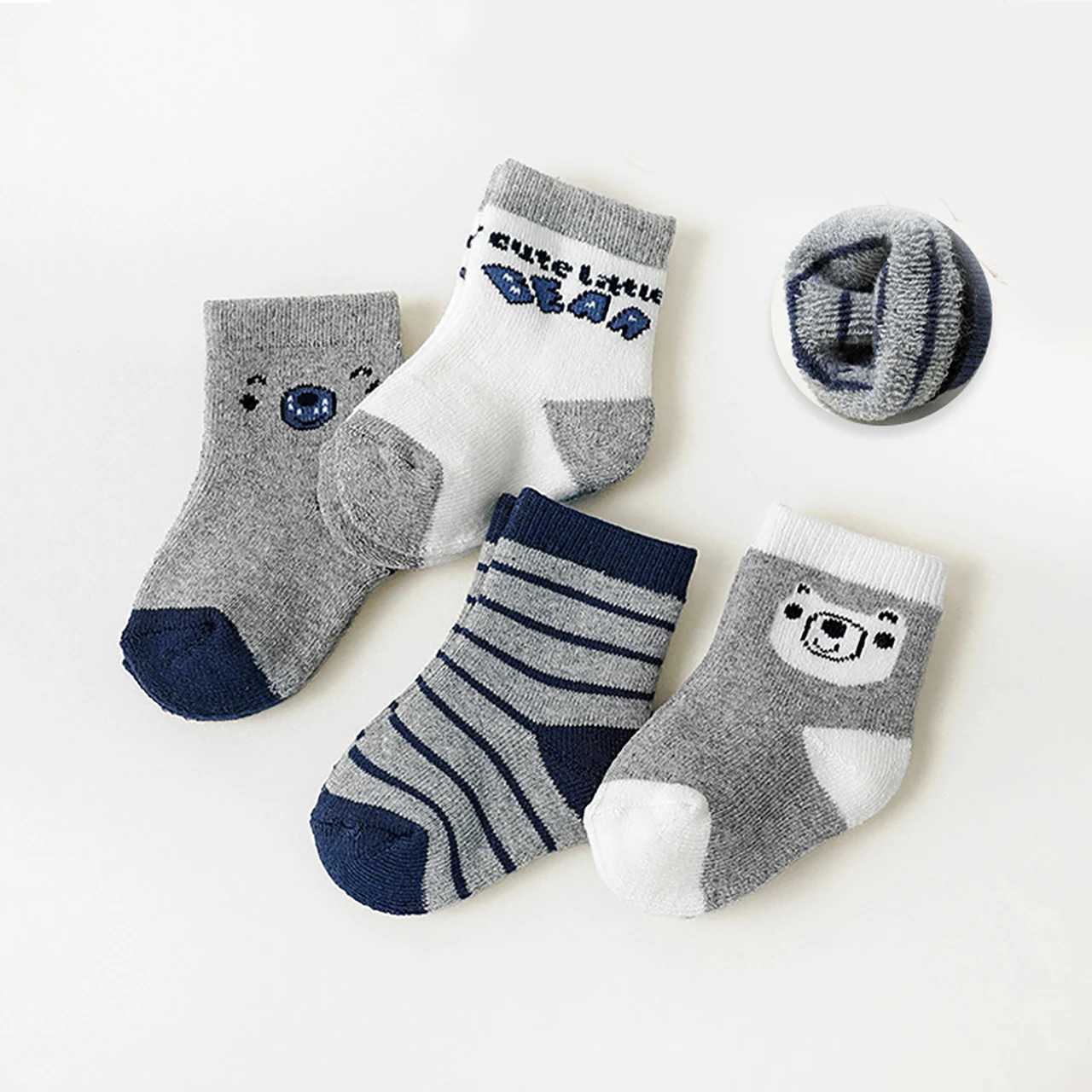 4Pairs Winter Warm Baby Terry SOCKS Bear Kids Middle Tube Sock Fashion Stripe Thicken Plush SOCKS 0-1Year Kids Footwear G251124