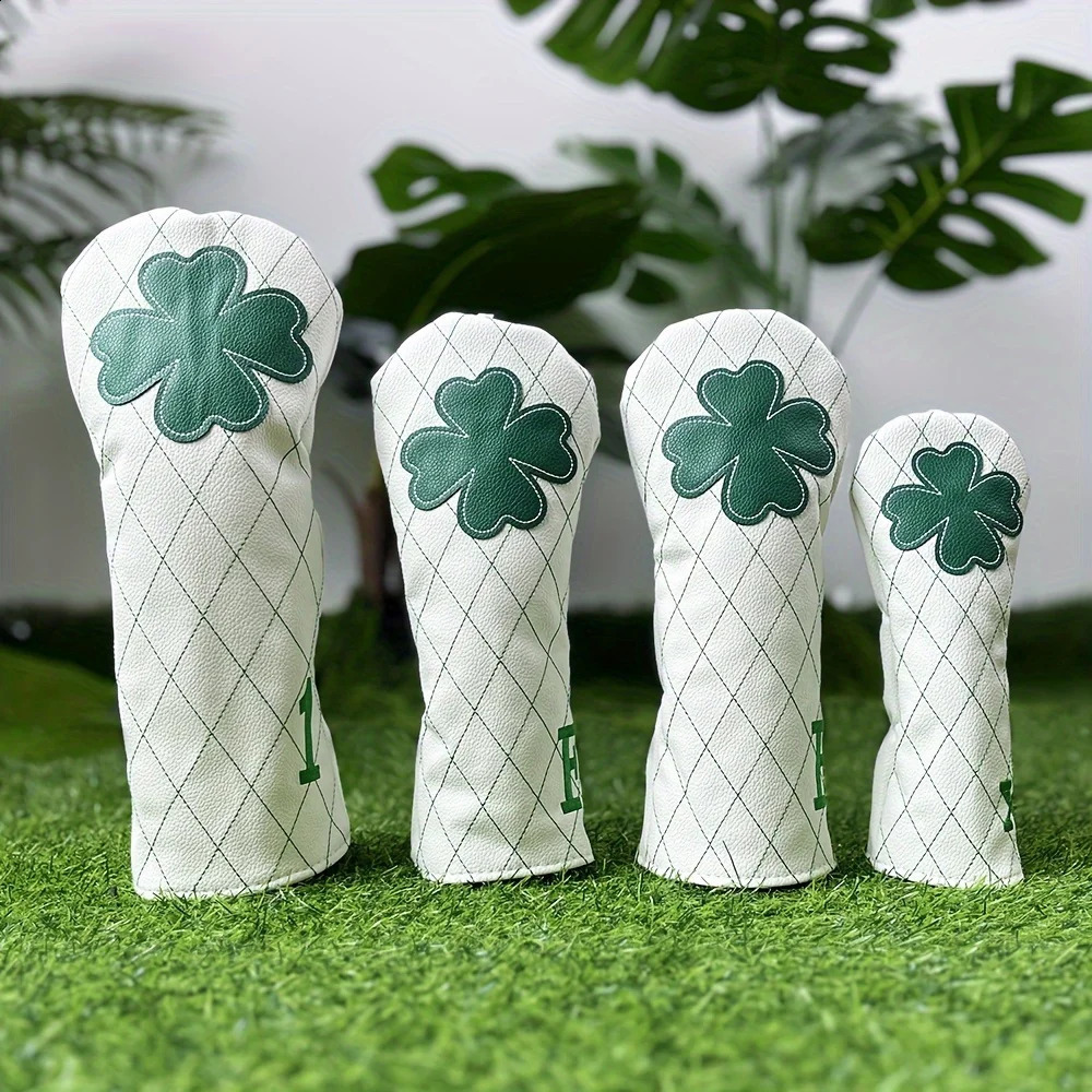 Golf Headcovers Golf Driver Fairway Hybrid Head Cover Golf Blade Mallet Putter Cover Lucky Clover Cross Pattern Premium Leather 250423