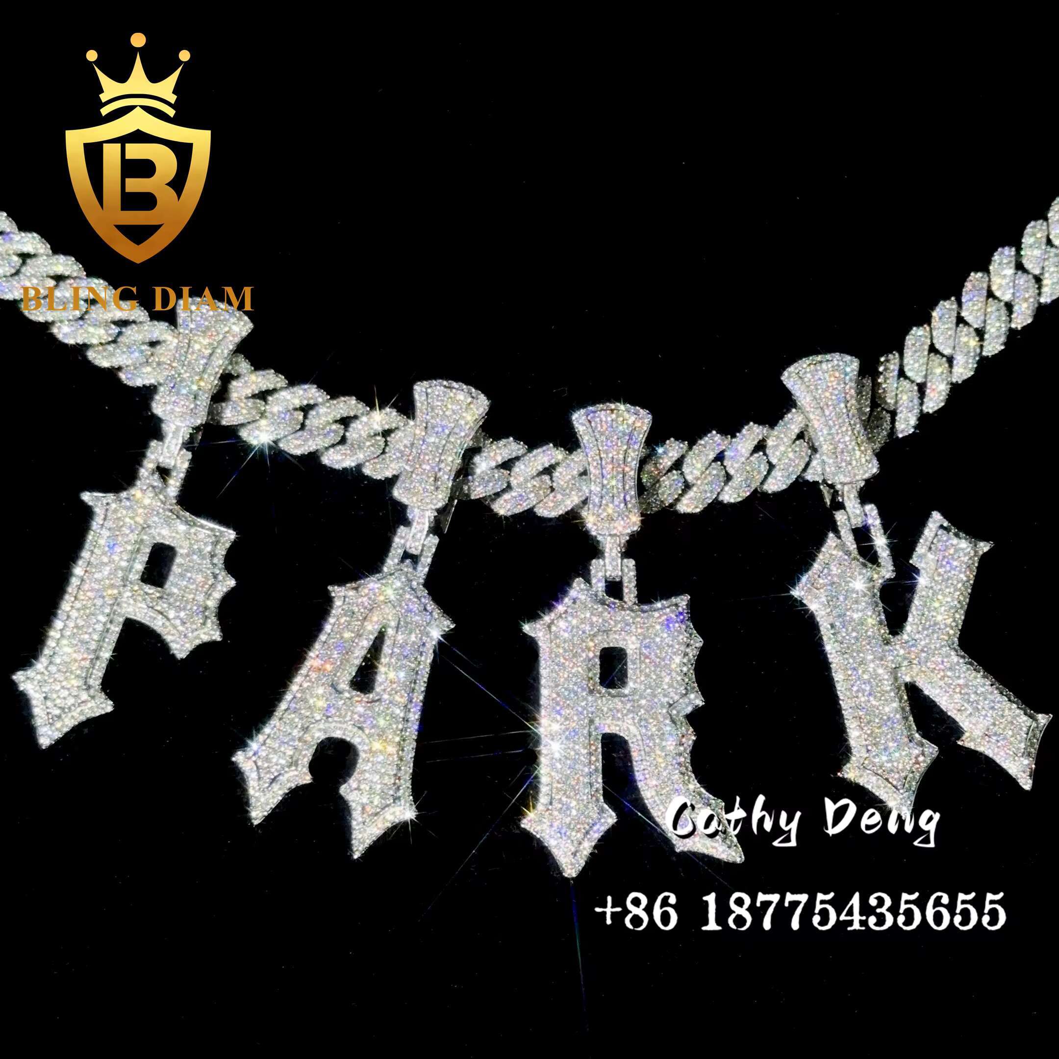 New Custom Moissanite Hip Hop Pendant Ice Out 925 Sterling Silver Charm Moissanite Letter Pendant for Necklace Chain