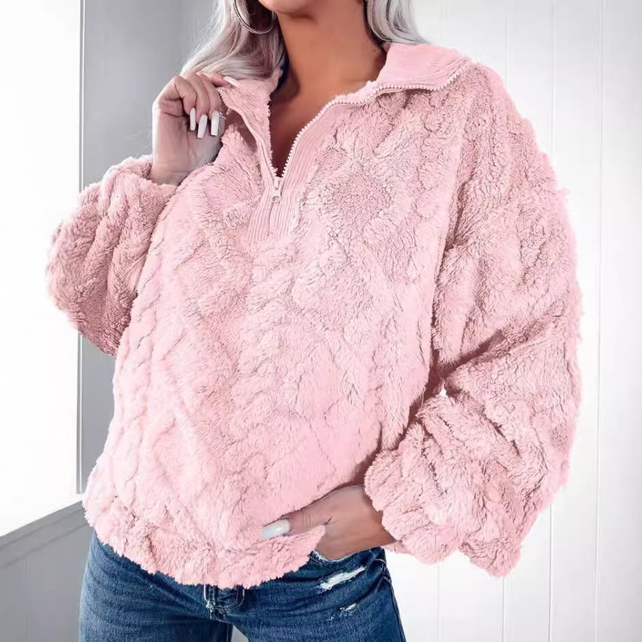 2024 new autumn and winter simple solid color half zipper stand up collar loose plush pullover hoodie