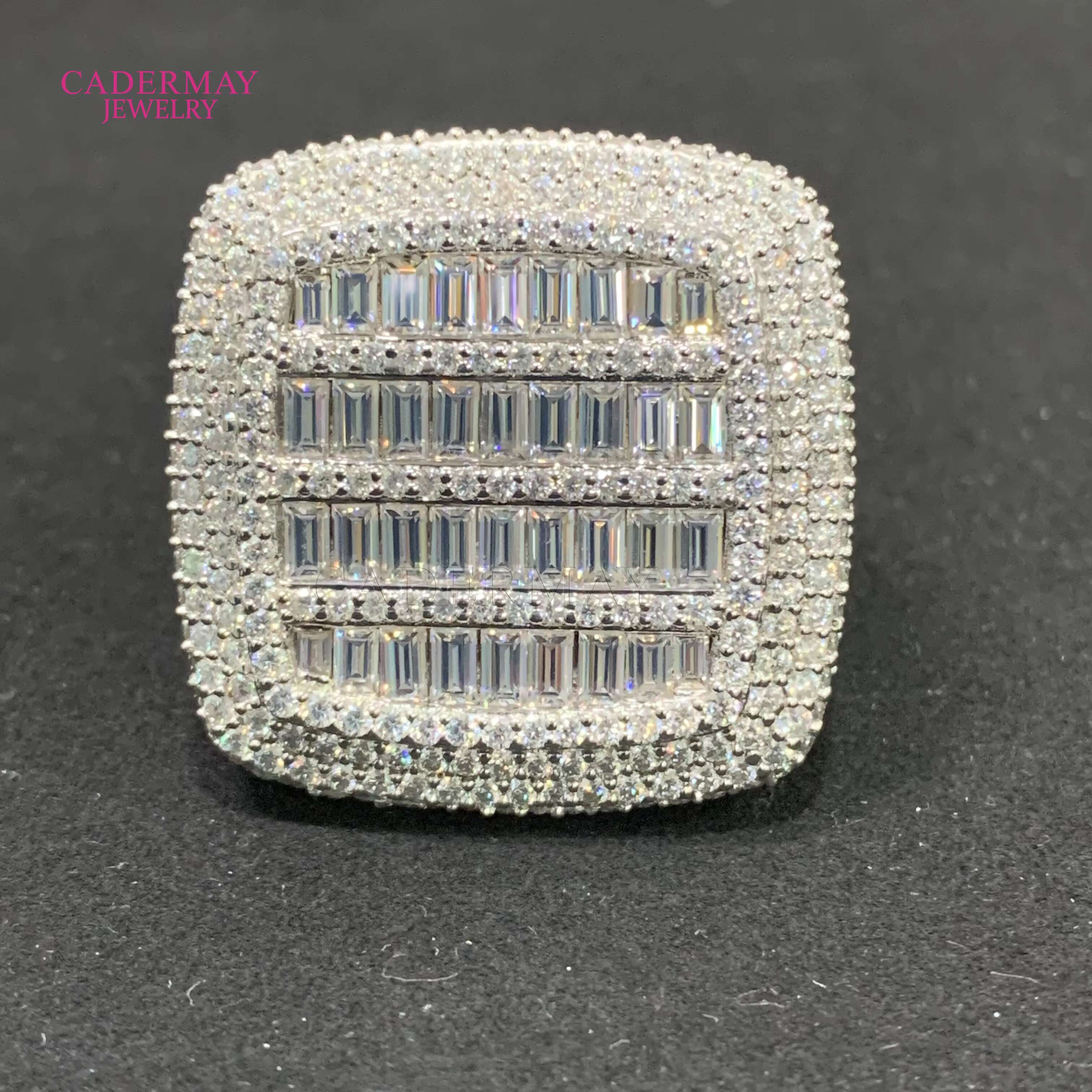 Cadermay Hiphop Men Fine Jewelry Iced Out 925 Sterling Silver Square Vvs Baguette Moissanite Diamond Ring With Gra Certificate