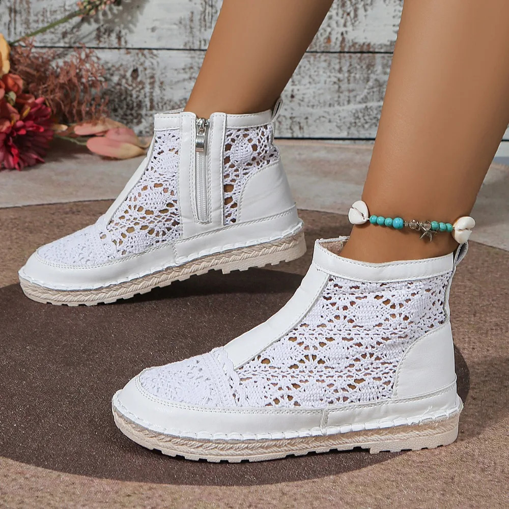 Mesh Cool Boots for Women 2024 Summer Thin Breathable Womens Versatile Short Boots Zipper Mesh Hollow Open Boots 250418