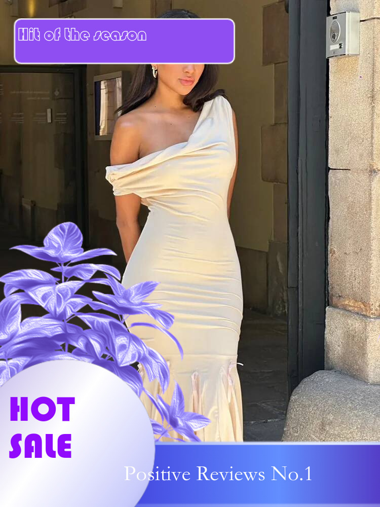 Dongdumaoyi Townlike Midi Long Elegant Mermaid Dress Women One Shoulder Summer Pleated Slim Bodycon Sexy Party Dresses