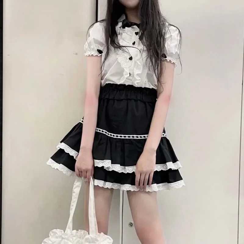Lace Ruffle A-line Skiing Womens High Waist Tutu Elastic Waist Lolita Sweet Cute Preparatory Style Faldas Black Cake Skiing M250424