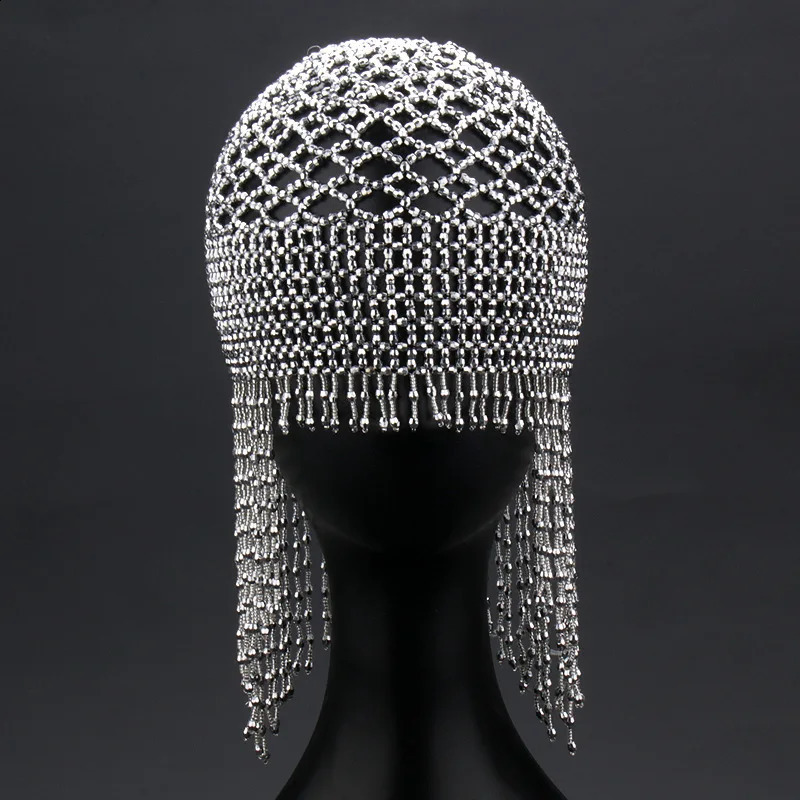 style belly dance hat performance hair accessories pure handmade beaded bridal accessories long tassel headdress 250420