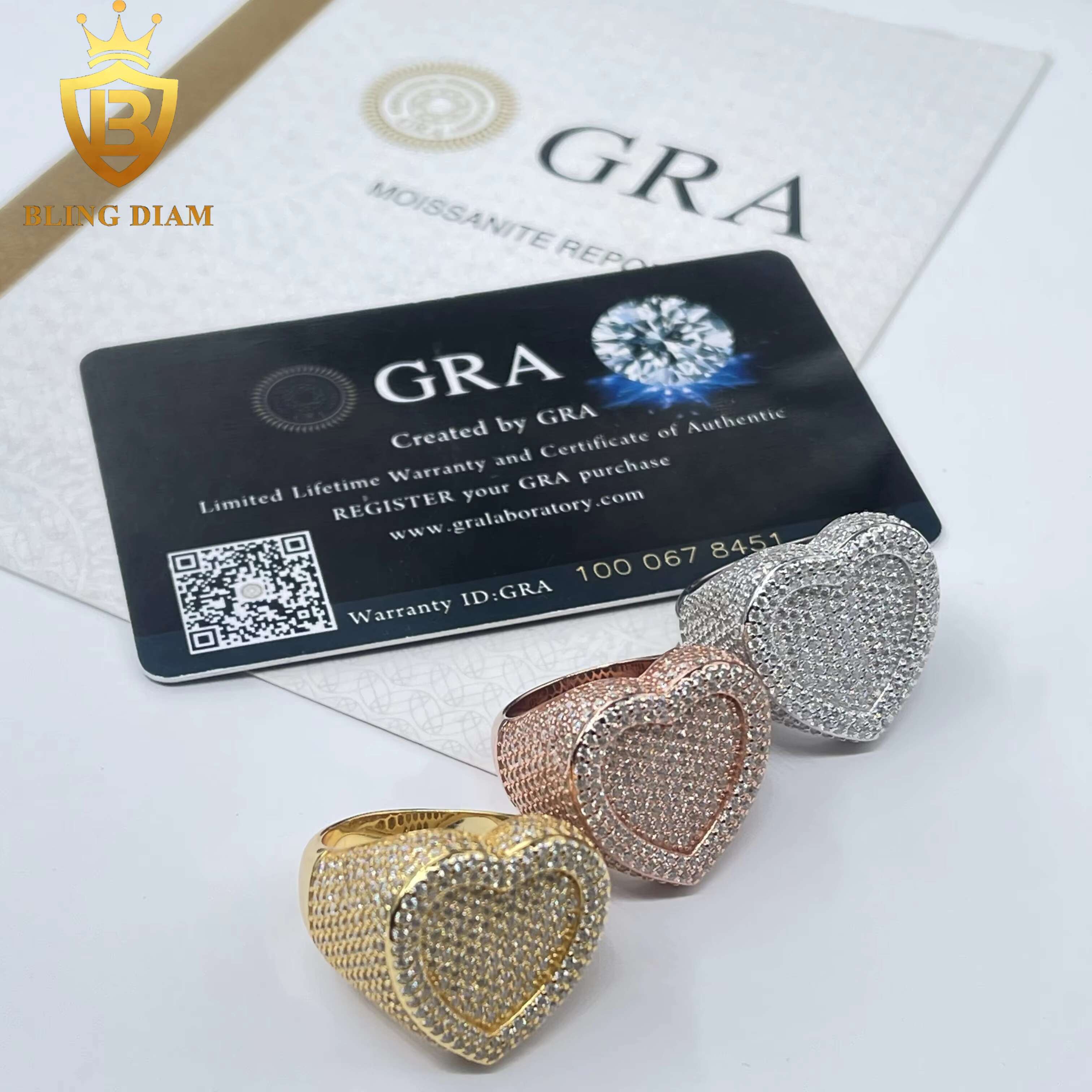 Fashion Popular Jewelry Full WithVVS Moissanite Mens 925 Solid Silver Heart Shape Rings Hip Hop Style