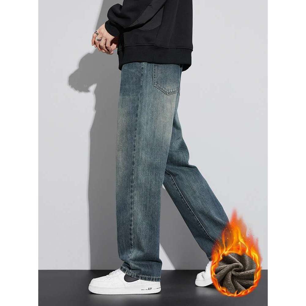 Fleece Baggy Straight Jeans Men Winter New Classic Vintage Blue Wide Leg Denim Pants Fashion Korean Thickened Warm Male Trousers