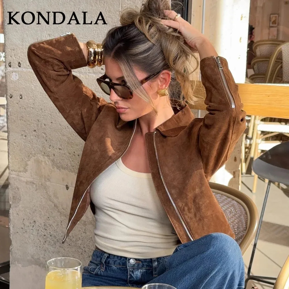 KONDALA 2025 Fall Winter Suede Zip Up Streetwear Women Jackets Fashion Casual Turndown Collar Brown Chic Elegant Ladies 251121