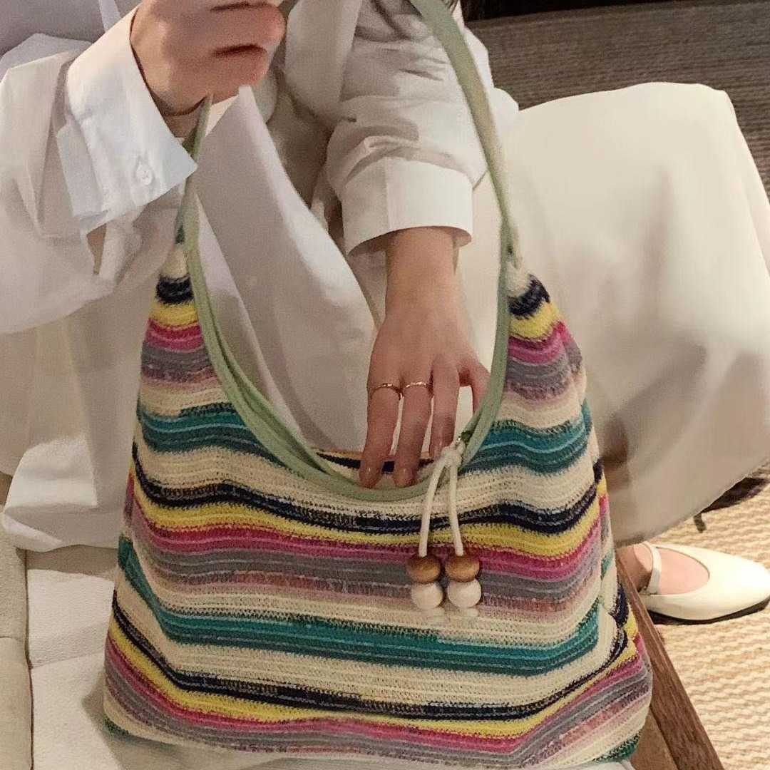 Rainbow Patterned Tote Bag for Women New Beach Woven Large Capacity Shoulder Bag Lazy Beach Bag Trend