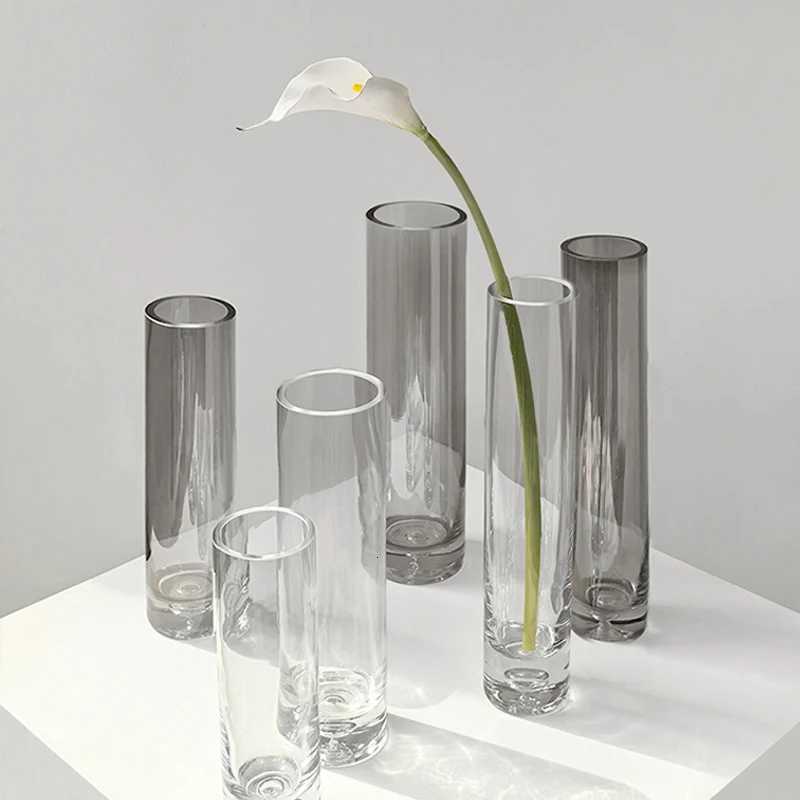 Ins Light Luxury Style Straight Cylinder Slim Mouth Glass Vases - Large Medium Small Sizes Decorative Pieces for Living Room C251124
