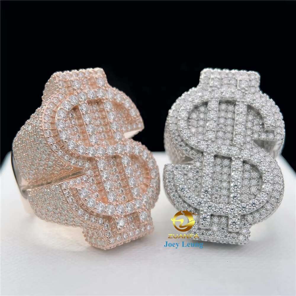 Hot Selling Hip Hop Jewelry 925 Sterling Silver 14K 18K Gold Plated VVS Moissanite Diamond Iced Out Dollar Rings