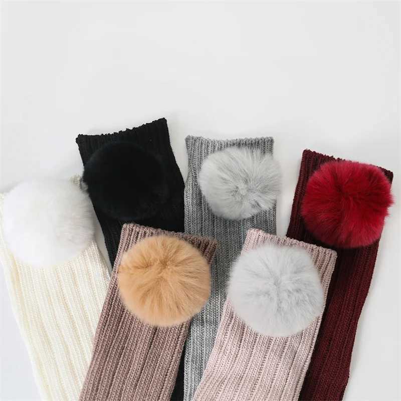 Lawadka Kids Girls Socks Cotton Fur Ball Knee High Childrens Socks For Girls Winter Warm Knitted Baby Stocking Age for 0-7Years G251124