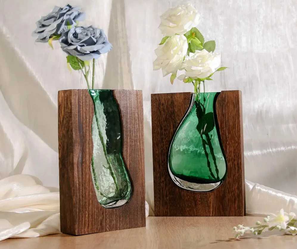 Solid Wood Transparent Glass Vase for Home Decor Crystal Flower Vase Modern Centerpiece for Living Room/Hotel Lobby Decoration C251124