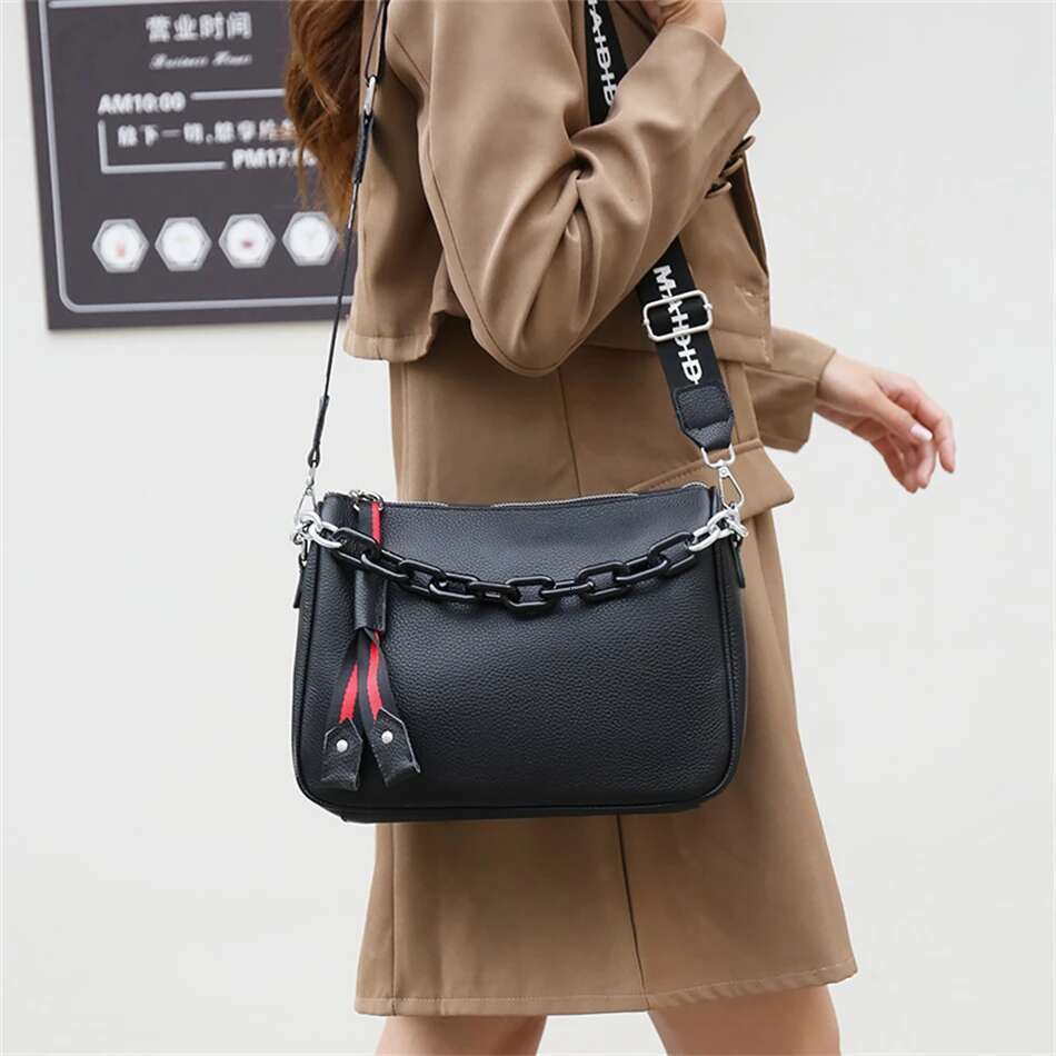 Genuine Leather Crossbody Bags 100% Cowhide Female Fashion Wide Shoulder Strap Soft Large Women Bag Bolsa Sac