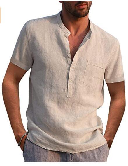 2022 mens short sleeve V-neck casual beach Linen Shirt Mens wear