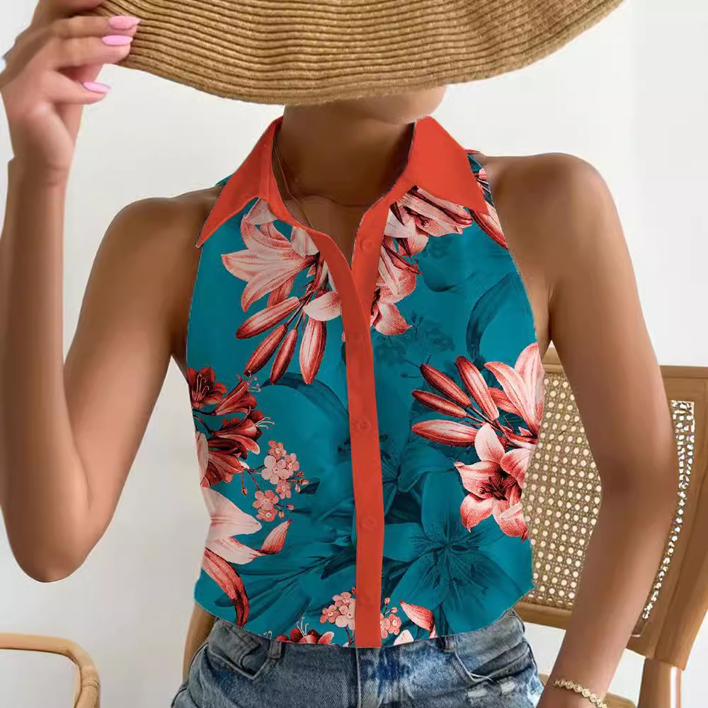2023 Summer Casual Fashion Off Shoulder Sleeveless Abstract Printed Womens Shirt