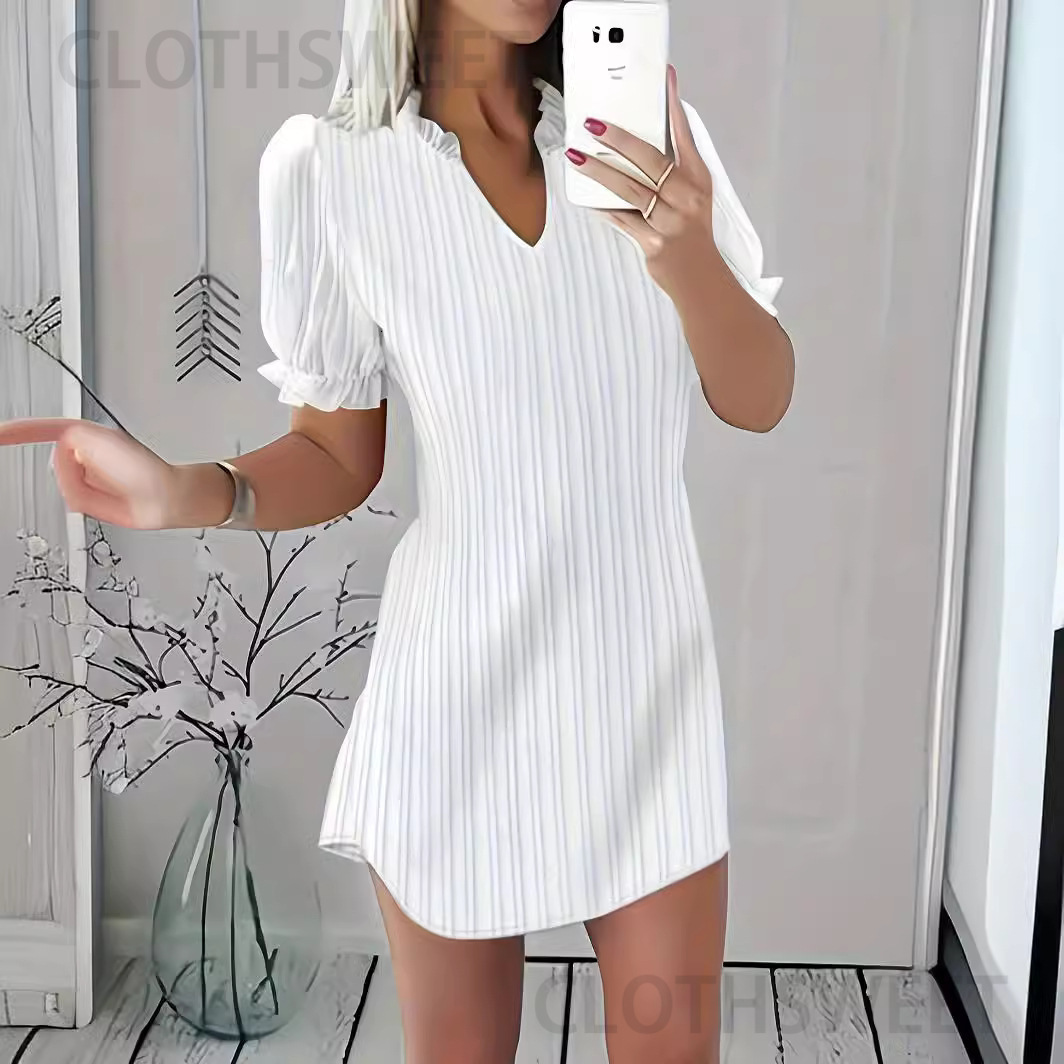 2023 Autumn New Fashion Solid Color V-neck Ruffle Edge Dress for Women