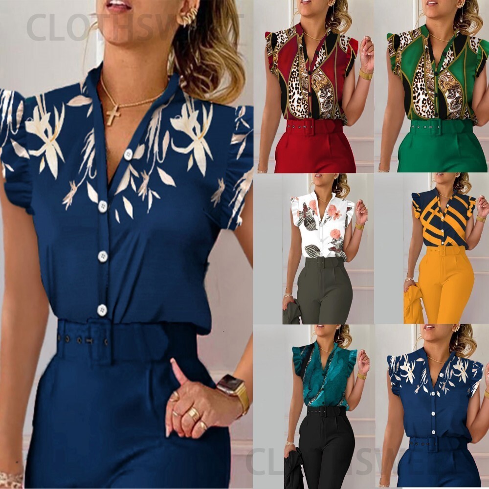 2023 Summer V-neck Button Petal Sleeve Printed Shirt Female
