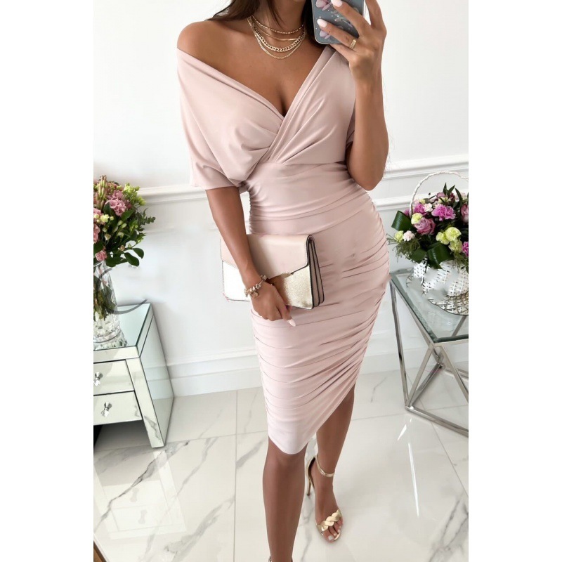 2022 Summer Solid Color V-neck Sexy Bag Hip Dress Womens Short Sleeve