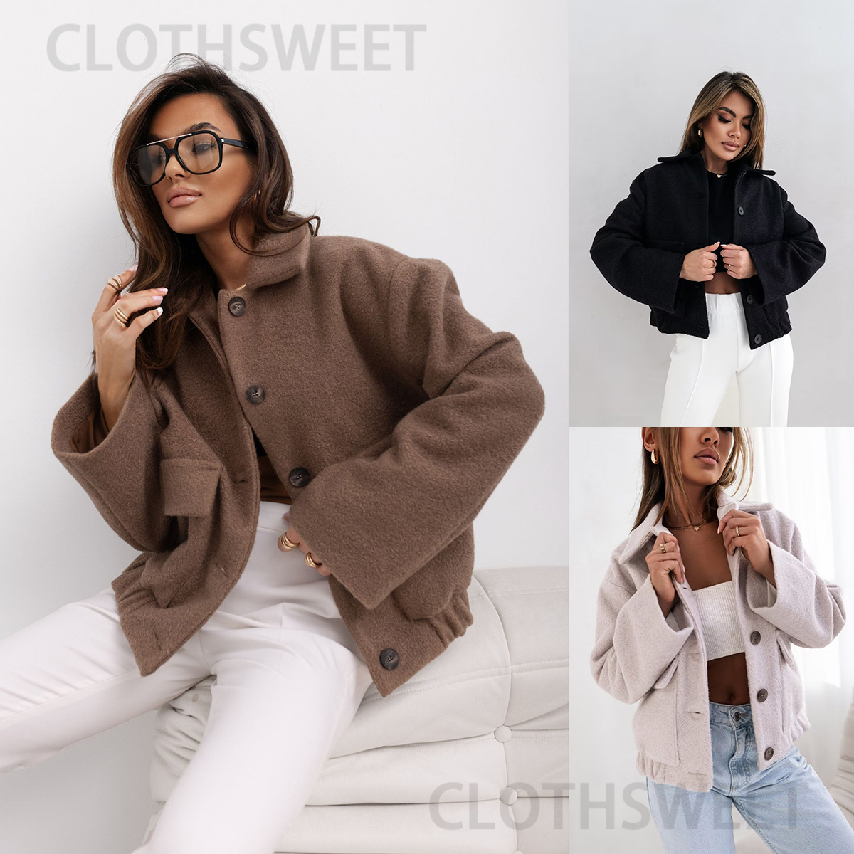 2024 New Winter Simple Fashion Solid Color Single breasted Solid Color Woolen Coat Womens Wear