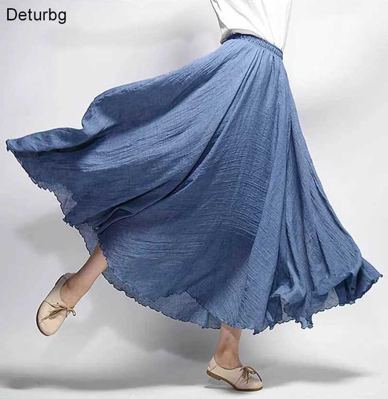 Womens Elegant High Waist Linen Long Dress Summer Womens Casual Elastic Waist 2-Layer Skin Saia Feminina 20 Color SK53 M250424