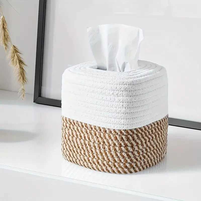 1pc Cotton Thread Tissue Box Square Desktop Napkin Decorative Box Multi-functional Hand-woven Storage Basket Tissue Storage BoxM251124