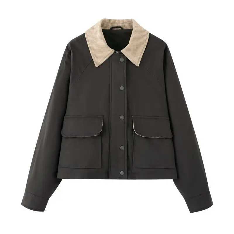 womens jacket with loose contrasting color collar and waxed leather lapel exuding a spring style new jacket J251124