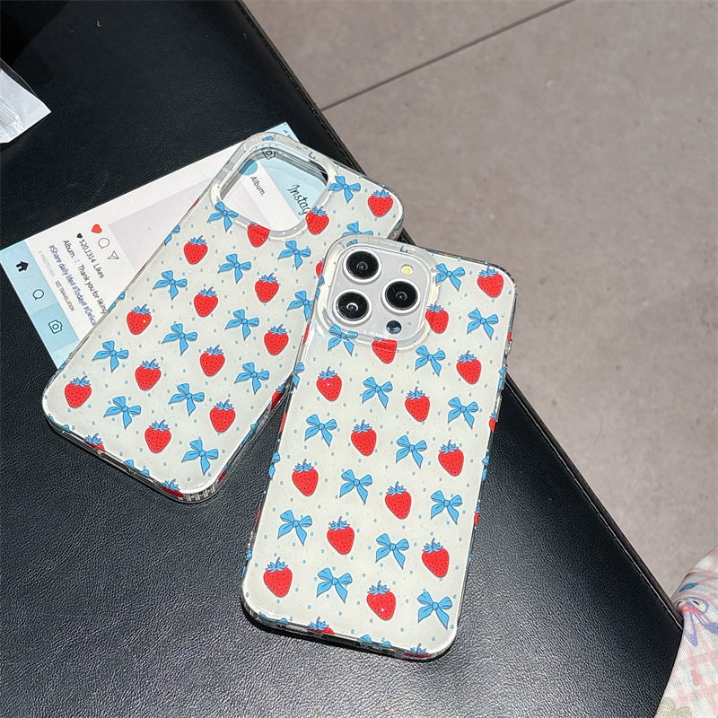 Polka Dot Bow Strawberry Phone Case Compatible iPhone 17/16 Pro Max Shockproof Protective Case iPhone 15/14