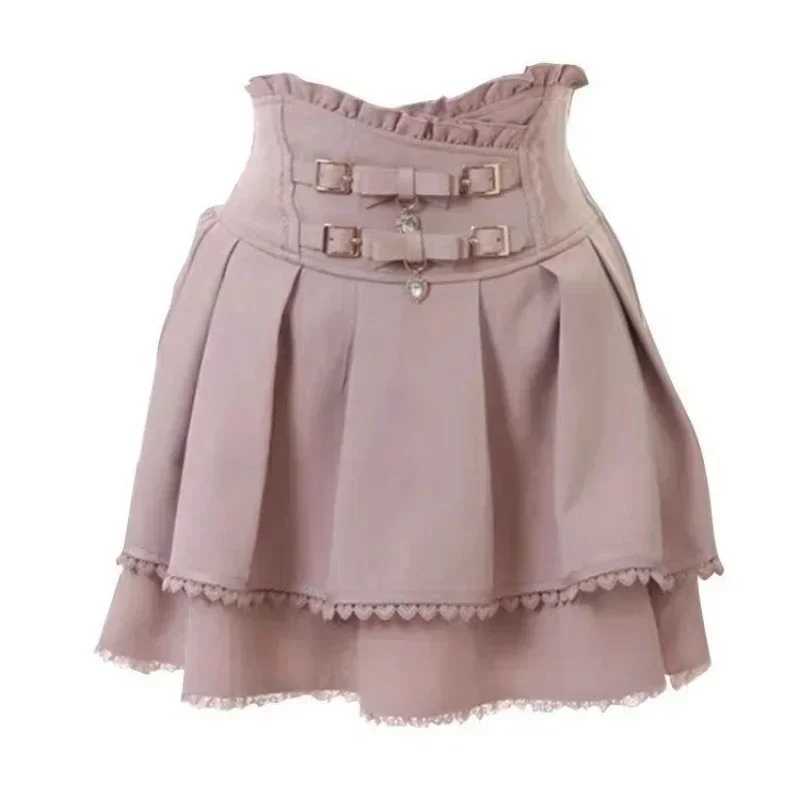 Japanese Kawaii Mini Cake Skiing Womens Jupe Fairy Bandage Lolita High Waist Y2k Aesthetic Sweet Lace Gothic JK Faldas Skiing M250424