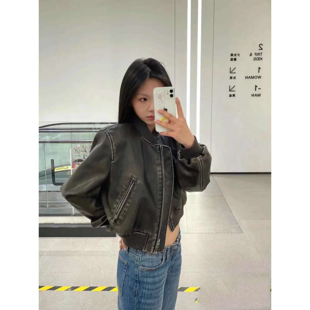 ZVRI Women's New Vintage Imitation Leather Bomber Jacket Coat Top Women's Style