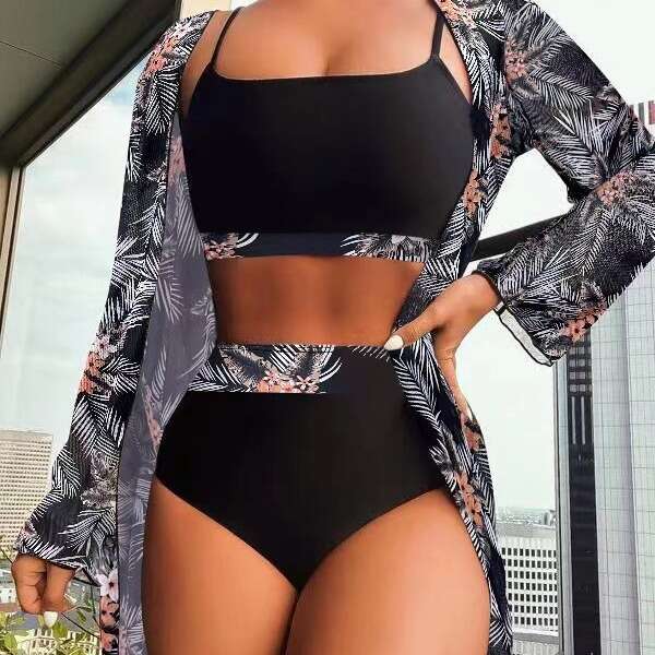 Triangl Bikini 2025 New Ethnic Maple Leaf Conservative Printed Long Sleeve Splicing Style Three Piece Swimming Set New Product New Arrival