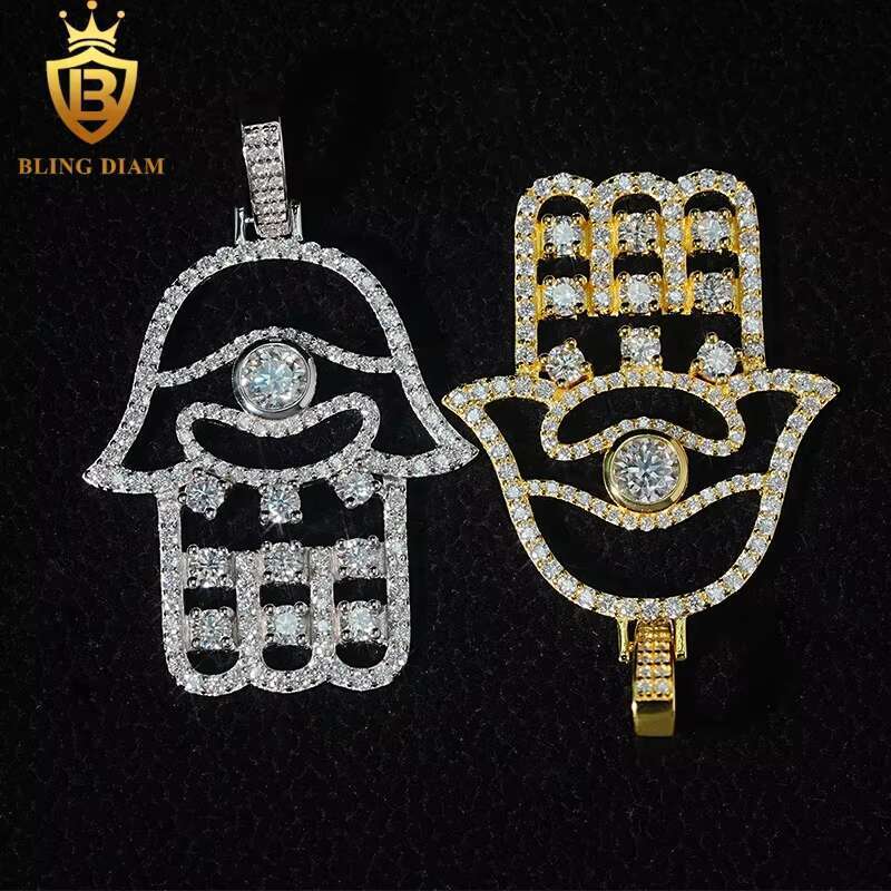 New Custom Hamsa Hand Pendant Hip Hop Jewelry VVS Moissanite 925 Silver Charm Pendant Pass Diamond Tester