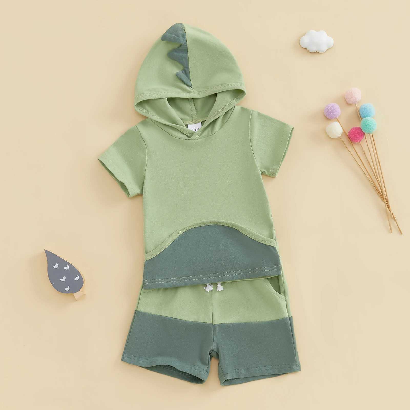 Clothing Sets Baby Boys Summer Clothes Fashion Kids Outfits Set Dinosaur Contrast Color Short Sleeve Hooded Tops Shorts Kids Suits R250424