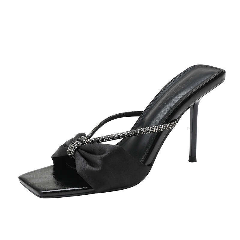 Woman Sandals Diamond Black Straight Strap Women Summer New Sexy Open Toed High Heeled Sandals For Wearing Half Slippers On The Outside