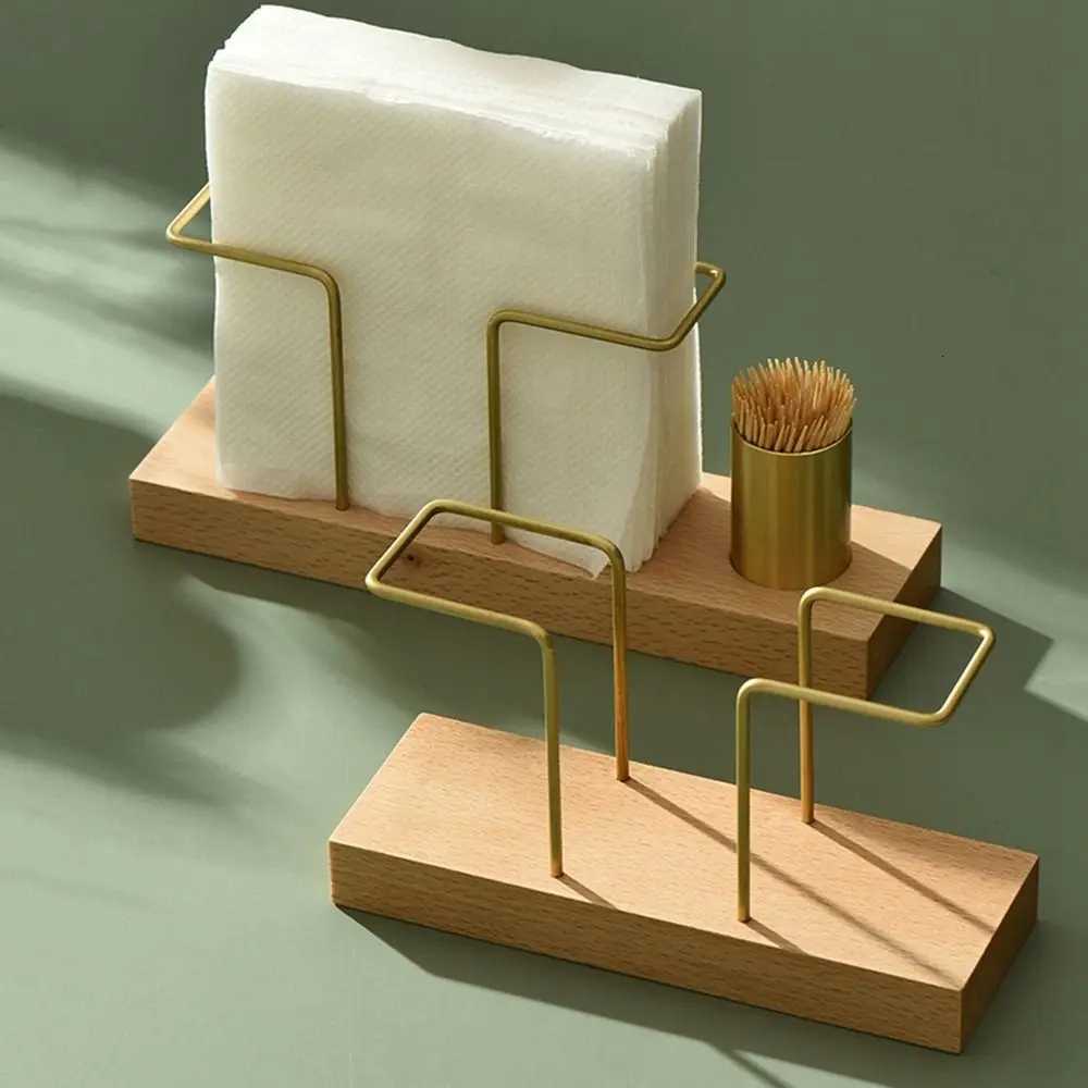 Vertical Tissue Dispenser with Toothpick Case Metal Napkin Holder Multi-use Gold Wooden HomeM251124
