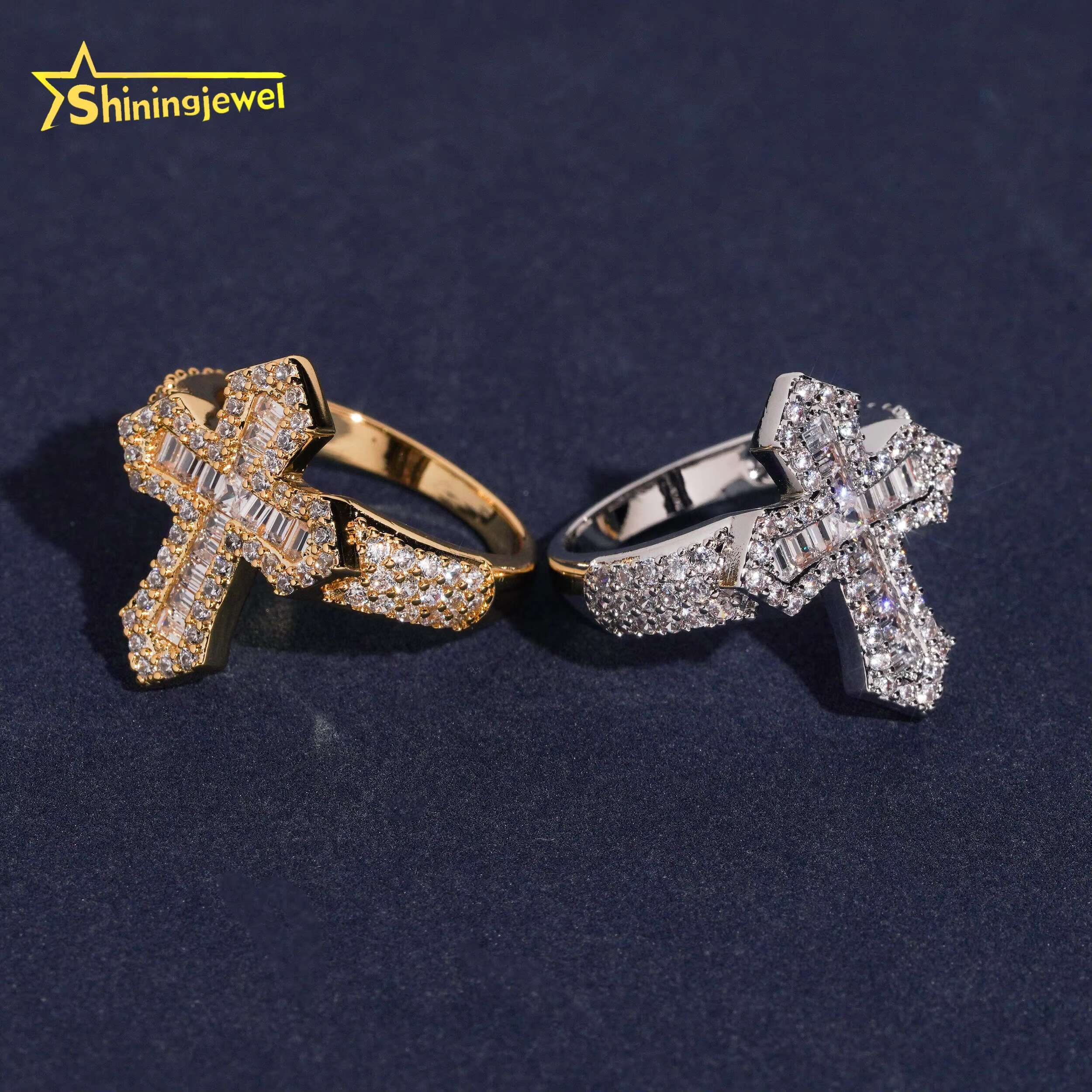 Hip Hop Cross Style Iced Out Baguette Cut Moissanite Diamond Ring Custom 925 Sterling Silver Men Ring Moissanite Fine Jewelry