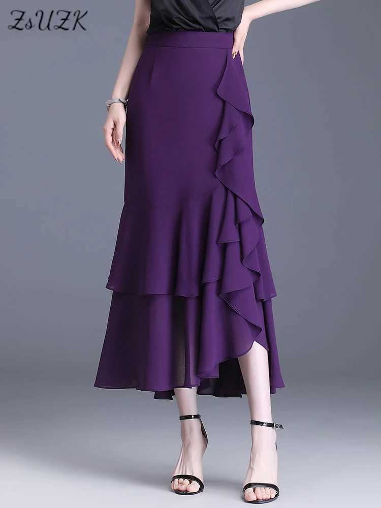 ZUZK Fashion Irregular Tail Chiffon Skiing Elegant High Waist Summer Luxury Party Skiing Women Ruffle Long Skiing M250424